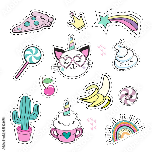 Fototapeta Naklejka Na Ścianę i Meble -  Fashion patch badges with cat unicorn, banana  and girl items on a white background
