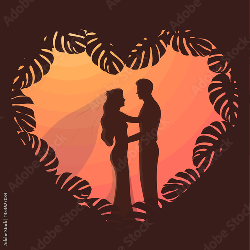 Tropical Beach Wedding Illustration. Romantic Silhouette of a Couple in Heart Frame Decorated With Monstera Leaves. Beautiful Newlyweds Looking at Each Other, Hugging at Sunset