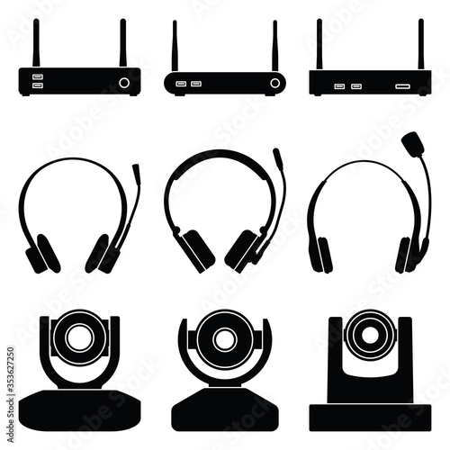 Video conferencing equipment. Flat icons. Silhouette vector