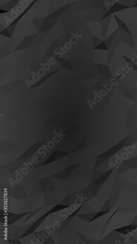 Black abstract background. Lowpoly backdrop. Gloomy crumpled paper. Vertical orientation. 3D illustration