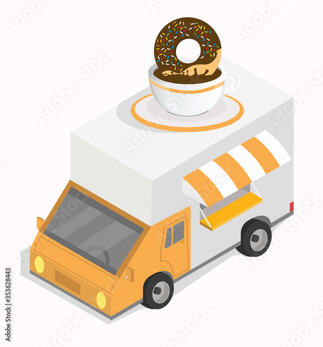 Black coffee cup with donut van isometric