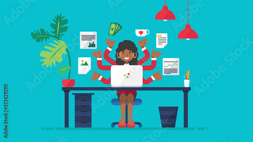 African business woman with many hand busy working