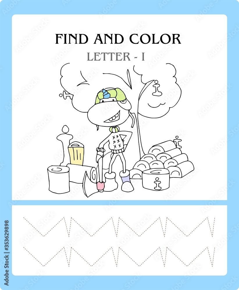 Find and color Letter I. Funny cartoon unicorn. Animals alphabet a Coloring page. Printable worksheet. Unicorns chopping wood.