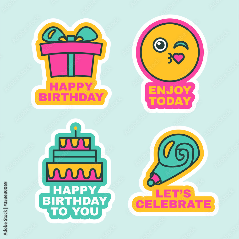 Birthday Labels Set, Cute Greeting Stickers Flat