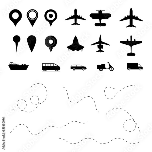 Path flight travel plane and trip transport symbols, set of airplane fly aircraft transports symbol vector illustration