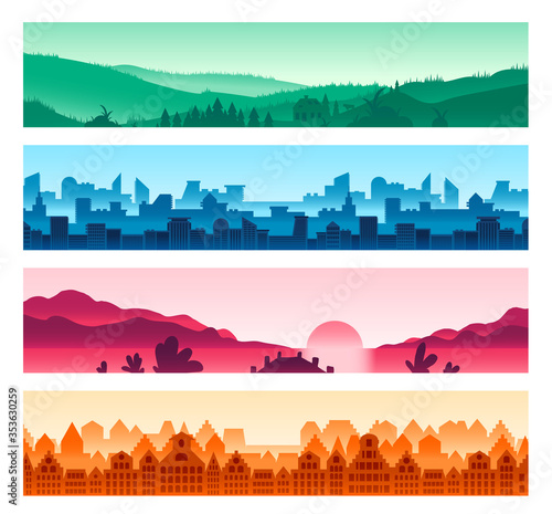 Urban, countryside landscapes silhouettes set