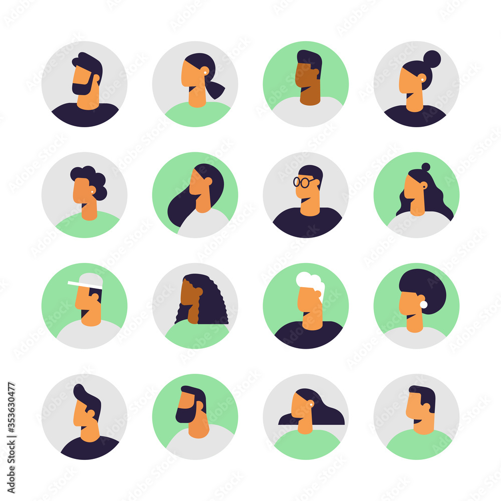 Fototapeta premium Set of profile portraits of male and female characters. Collection of people avatars. Vector illustration in flat design style, isolated. 