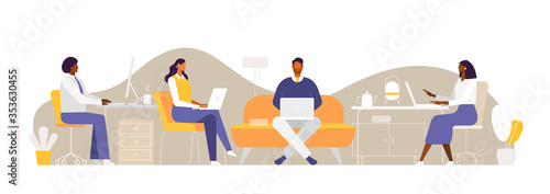 Young businessmen work in a modern office. Vector web banner in business concept. Illustration in flat design, isolated on white background. Creative men and women work on computers and laptops.