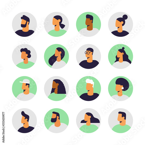 Set of profile portraits of male and female characters. Collection of people avatars. Vector illustration in flat design style, isolated. 