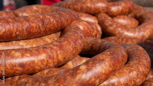 Background of smoked sausage close up