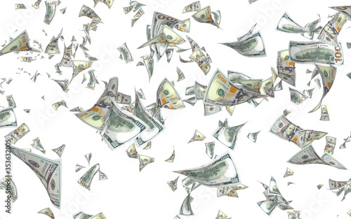 Flying dollars banknotes isolated on white background. Money is flying in the air. 100 US banknotes new sample. 3D illustration