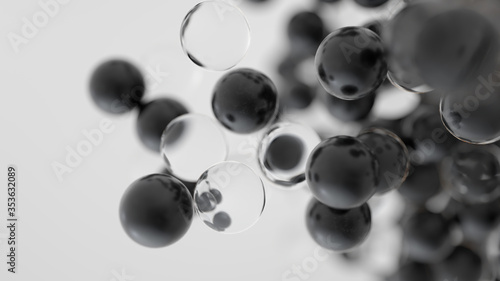 Abstract black and glass spheres background. Beautiful futuristic molecular wallpaper design.