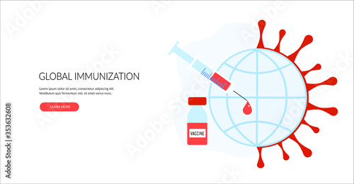Vaccination concept. Image vaccine and syringe with globe on background. Landing page template, banner, icon. Modern immunization concept for web design. Flat vector illustration, isolated objects.