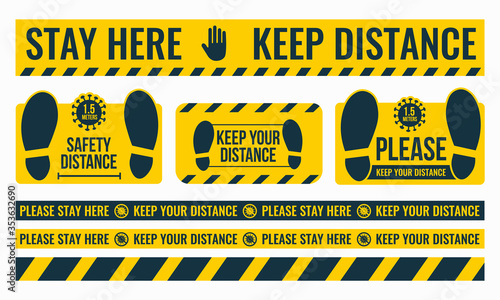 Social Distancing. Please Keep Your Distance. Safe distance. Place the yellow floor sticker at a distance from the floor. Marking tape where there are a lot of people. Vector image.