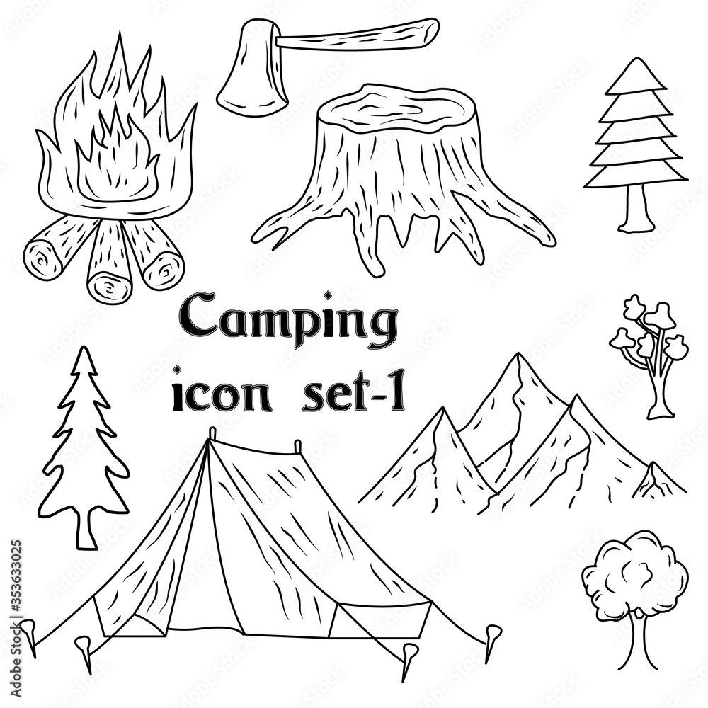 Doodle Icons Hand Made Set of hand drawn camping and travel equipment drawings. Camping Adventure hand-drawn Sketches. trekking and hiking hand drawn icon set - 1