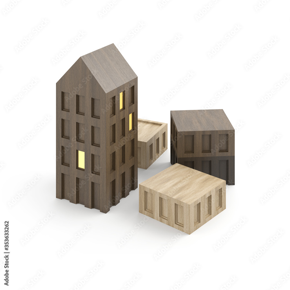 Small scale model of wooden house with light in windows on white background. Small scale model of wooden house with light in windows on white background.