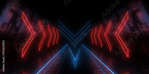 Fototapeta Naklejka Na Ścianę i Meble -  3D abstract background with neon lights. neon tunnel .space construction . 3d illustration