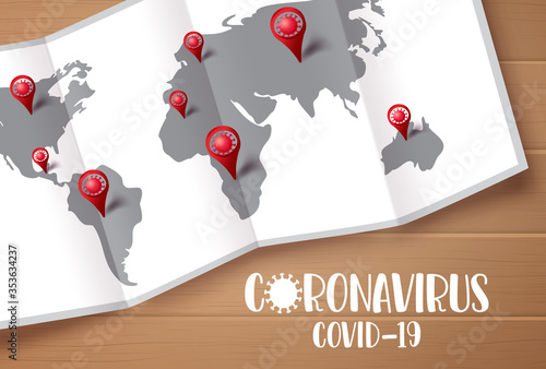 Covid-19 coronavirus map vector design. Coronavirus covid-19 text with world map and ncov pin for navigation and location of confirmed cases in wood texture background. Vector illustration.
