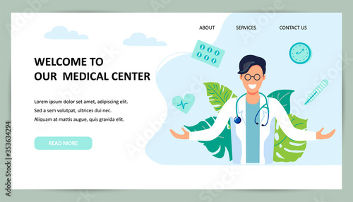 Smiling doctor opens his hands. Welcome to our medical center. Flat cartoon style design. place for text. Vector illustration on white background.