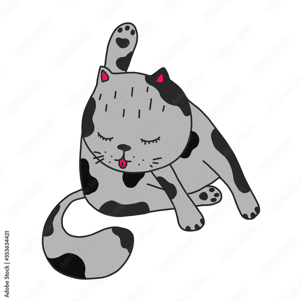 Obraz premium cute cat design.T-shirt with graphics for children.vector illustration in cartoon style, isolated on white background.Grey cat washes with its paw up.for icons of pet store,stickers social networks.
