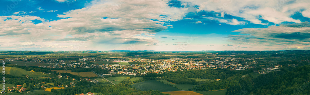 Leibnitz city aerial panorama of wine country, south Styria, Austria. Tourist destination.