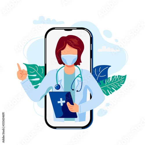 Tele medicine, online doctor and medical consultation concept. Female doctor helps a patient on a mobile phone. Flat cartoon style vector illustration.