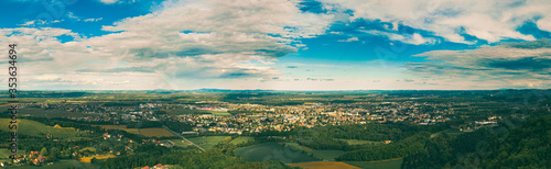 Leibnitz city aerial panorama of wine country, south Styria, Austria. Tourist destination.