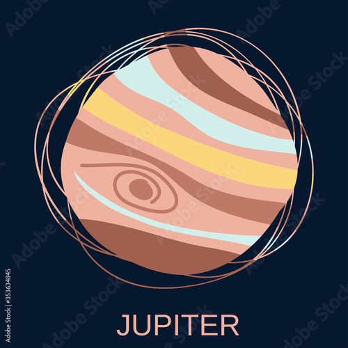 The Planet Jupiter. The largest planet in the Solar system, the fifth most distant from the Sun in the solar system. Vector illustration on dark blue background for design and web.