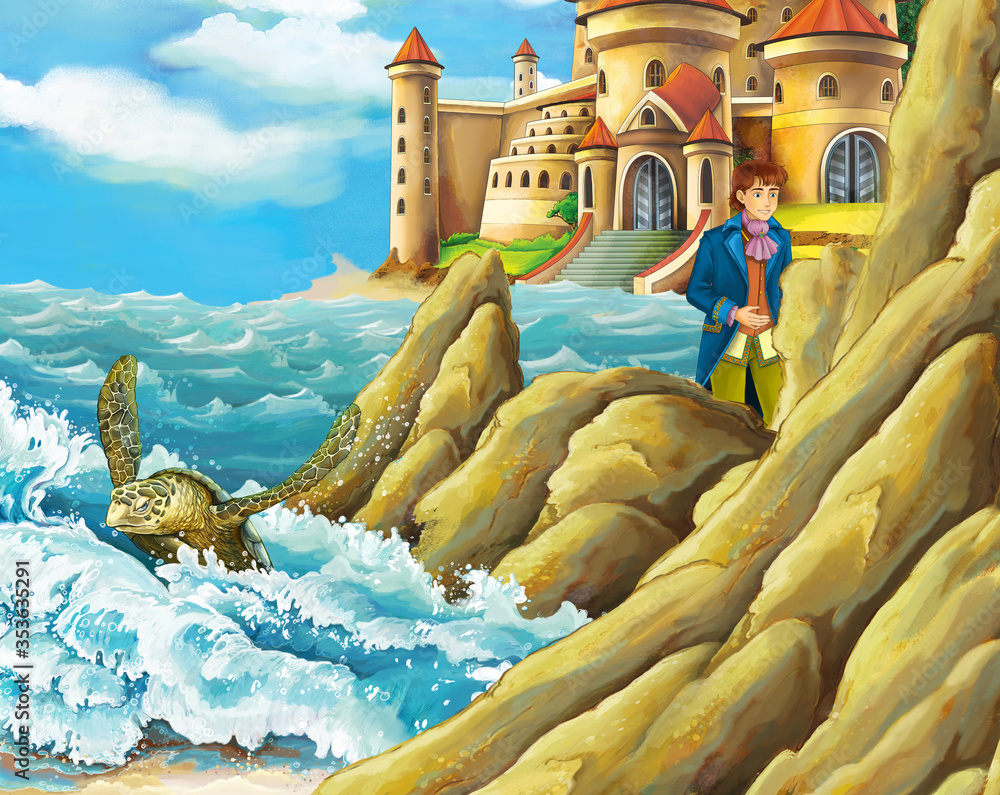 cartoon scene with prince by the sea and beautiful castle - illustration