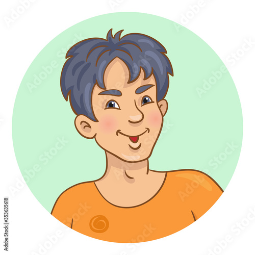 Portrait of a young man from Asia. Avatar icon in the circle. In cartoon style. Isolated on white background. Vector illustration.