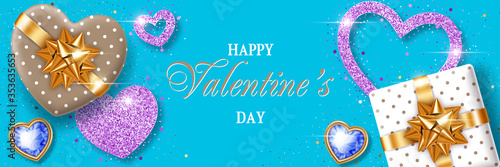 Valentines Day background with heart-shaped gift boxes and stylized hearts made of golden confetti. Greeting card, party invitation or sale banner template