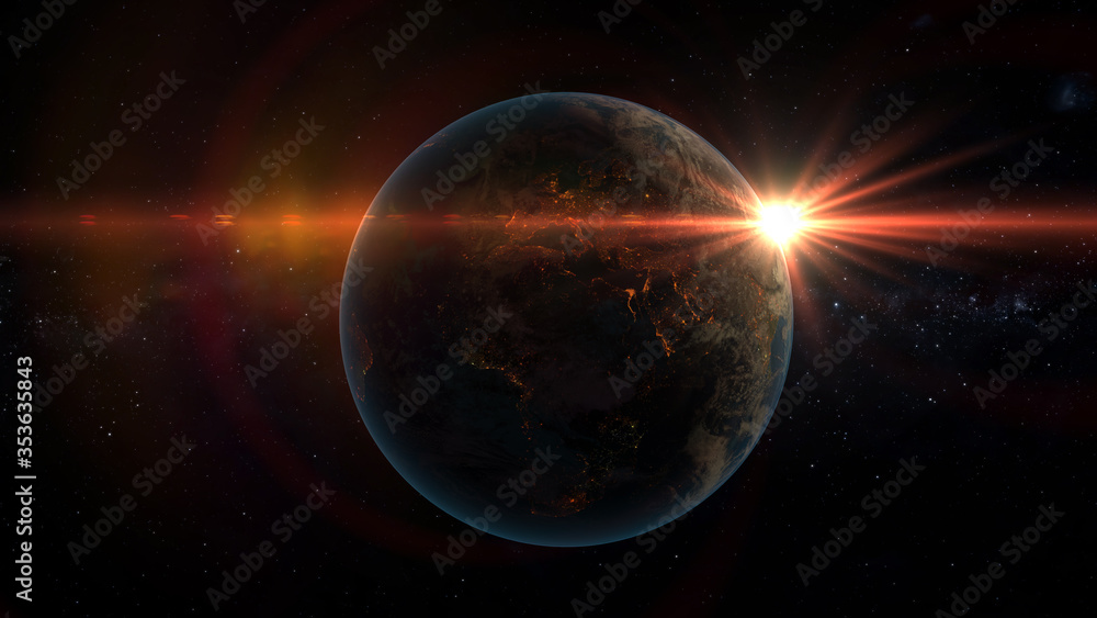 Planet Earth at night. City lights over Europe. Sunset solar flare. Human activity over European cities - Spain, Portugal, France, UK, Poland, Germany, Norway, Netherland, 3D rendering. Planet Earth at night. City lights over Europe. Sunset solar flare. Human activity over European cities - Spain, Portugal, France, UK, Poland, Germany, Norway, Netherland, 3D rendering.