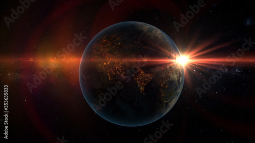 Planet Earth at night. City lights over India. Sunset. Human activity over Asia. India, Myanmar, China, Pakistan, Taiwan, Hong Kong, Saudi Arabia, Kuwait, Oman, UAE, Turkey 3D rendering. 