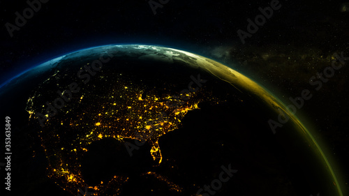 Planet Earth at night. City lights over North America. Sunset solar flare. Human activity over United States, 3D rendering. 