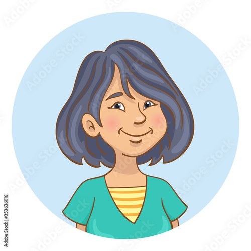 Portrait of a cute asian girl. Avatar icon in the circle. In cartoon style. Isolated on white background. Vector illustration.