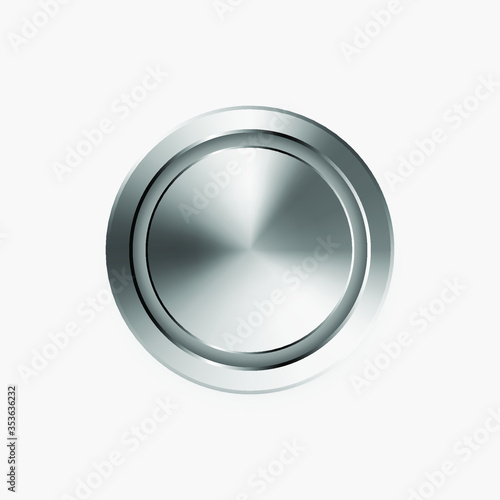 Template of round button with aluminum texture isolated on gray background. EPS 10 vector.