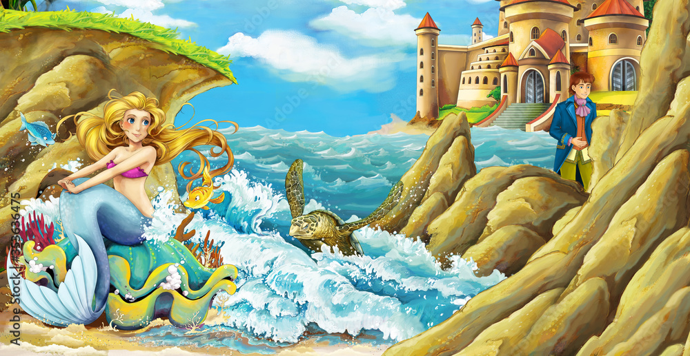 cartoon scene with mermaid princess by the sea and beautiful castle - illustration