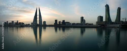 MANAMA  BAHRAIN -  FEBRUARY 23  Bahrain skyline with iconic buildings  the Bahrain World Trade Center and the Financial hourbour during morning hours on February 23  2018  Manama  Bahrain