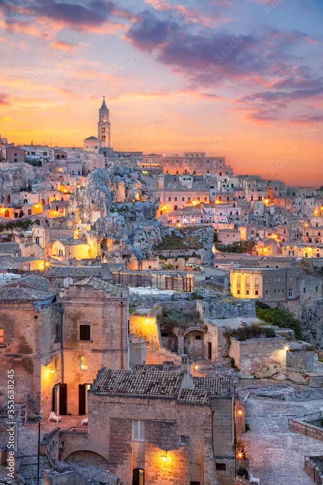 Matera. Cityscape aerial image of medieval city of Matera, Italy during beautiful sunset.