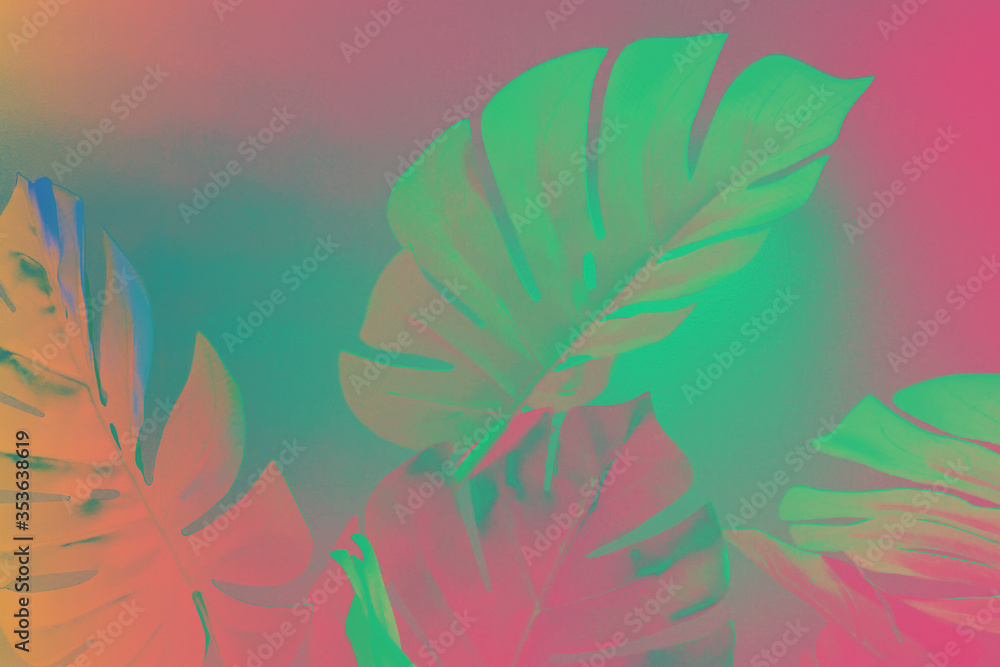 Tropical Miami Vice style palm leaves with vibrant holographic bold gradient neon colors.