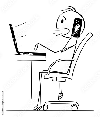 Vector cartoon stick figure drawing conceptual illustration of man or businessman working in office, typing on laptop computer and using mobile smart phone.