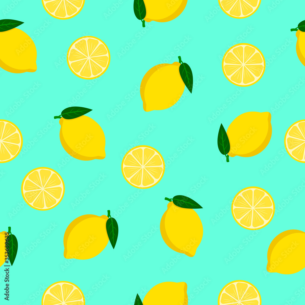 Fruit seamless pattern. Bright vector background with
whole and slice yellow lemons on a blue background. For the design of fabrics, packaging and wallpapers. Fruit seamless pattern. Bright vector background with
whole and slice yellow lemons on a blue background. For the design of fabrics, packaging and wallpapers.