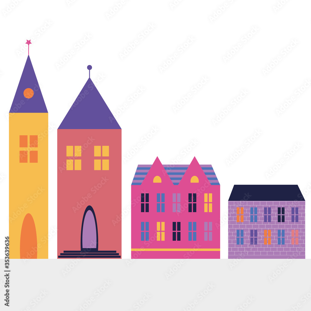 Color house and tower in cartoon style. Isolated houses. Beautiful cartoon colorful banner. Architecture concept. 