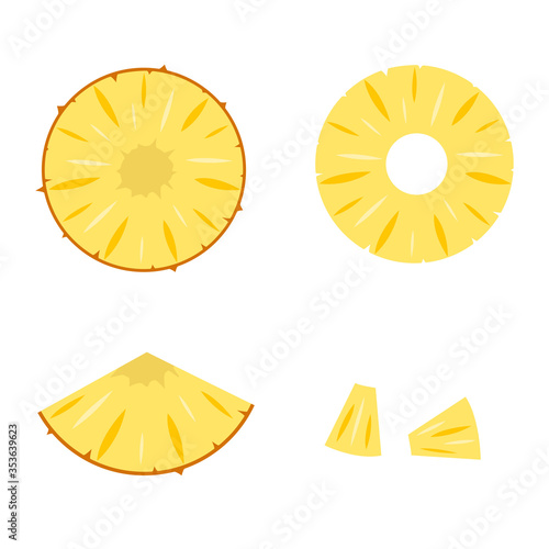Pineapple slices set: slices in and without peel. Fruits isolated on a white background. Stock vector illustration.