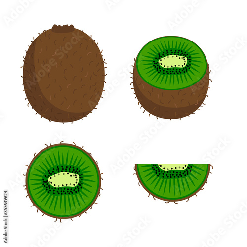 Set kiwi fruit - whole kiwi, half, piece and slice kiwi. Fruits isolated on a white background. Stock vector illustration.