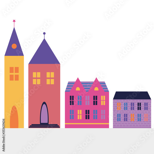 Color house and tower in cartoon style. Isolated houses. Beautiful cartoon colorful banner. Architecture concept. 