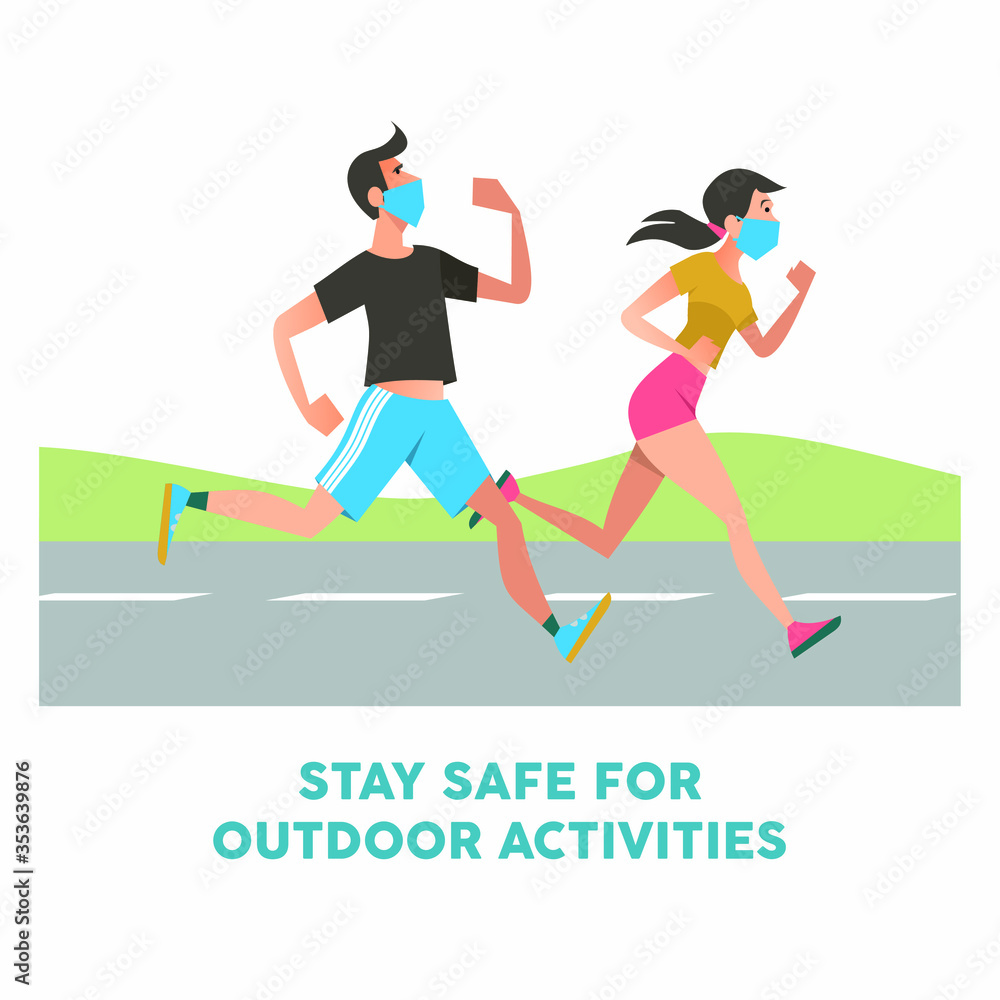 Outdoor Acitivities During Corona Pandemic with two people jogging while wearing mask. Outdoor Acitivities During Corona Pandemic with two people jogging while wearing mask.