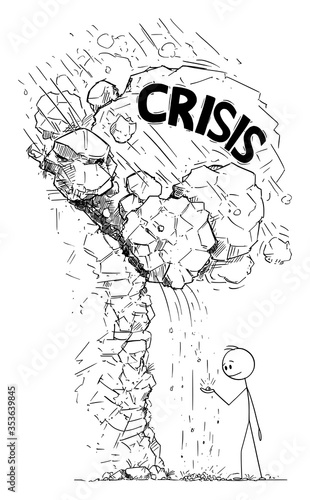 Vector cartoon stick figure drawing conceptual illustration of man or businessman playing with small falling stones ignoring avalanche of rocks falling on him. Concept of approaching financial crisis.