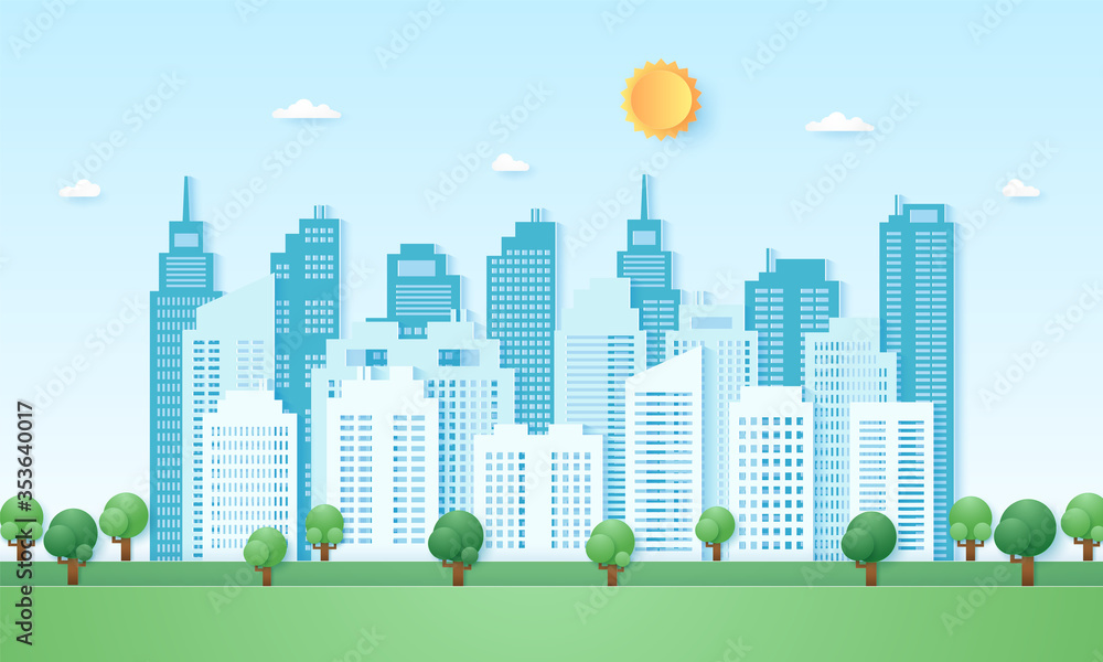 Eco city, cityscape, building with blue sky and sun, paper art style