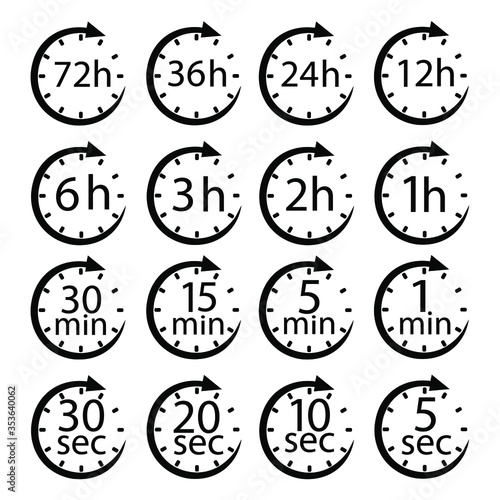 Calculating seconds and minutes.1, 2, 3, 6, 12, 24, 48 and 72 hours clock arrow vector icons. Delivery service, online deal remaining time web site symbols.